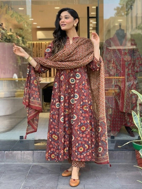Jyoti Fashion Women's Maroon Rayon Slub Floral Printed Designer Kurta Set with Dupatta - Distacart
