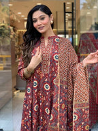 Jyoti Fashion Women's Maroon Rayon Slub Floral Printed Designer Kurta Set with Dupatta - Distacart