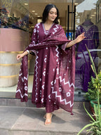 Jyoti Fashion Women's Wine Rayon Slub Printed Designer Kurta Set with Dupatta - Distacart