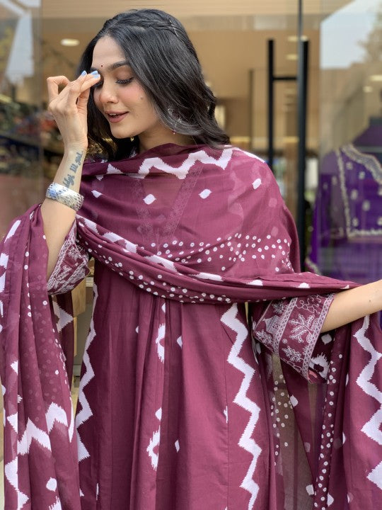 Jyoti Fashion Women's Wine Rayon Slub Printed Designer Kurta Set with Dupatta - Distacart