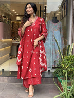 Jyoti Fashion Women's Red Rayon Slub Printed Designer Kurta Set with Dupatta - Distacart