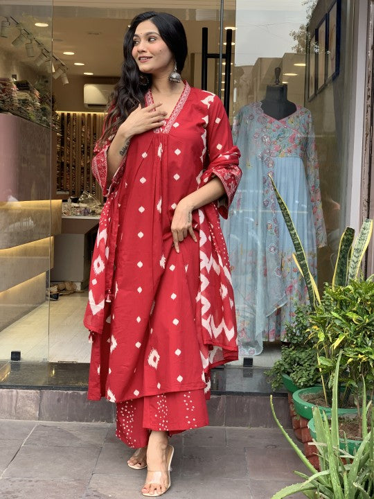 Jyoti Fashion Women's Red Rayon Slub Printed Designer Kurta Set with Dupatta - Distacart