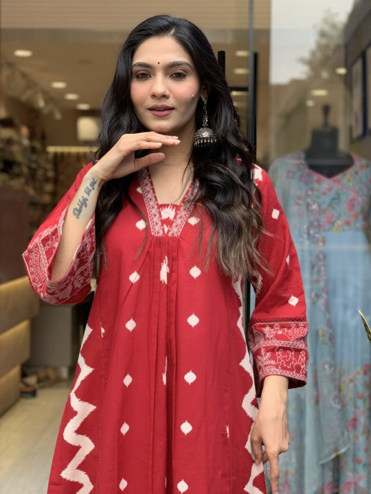 Jyoti Fashion Women's Red Rayon Slub Printed Designer Kurta Set with Dupatta - Distacart