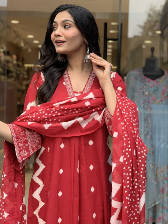 Jyoti Fashion Women's Red Rayon Slub Printed Designer Kurta Set with Dupatta - Distacart