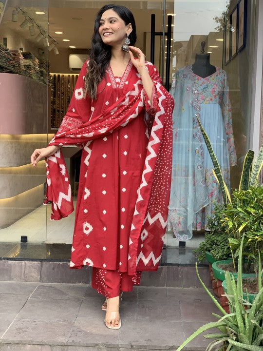 Jyoti Fashion Women's Red Rayon Slub Printed Designer Kurta Set with Dupatta - Distacart