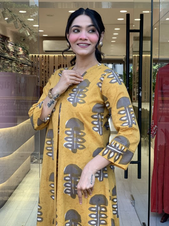 Jyoti Fashion Women's Yellow Rayon Slub Printed Designer Kurta Set with Dupatta
