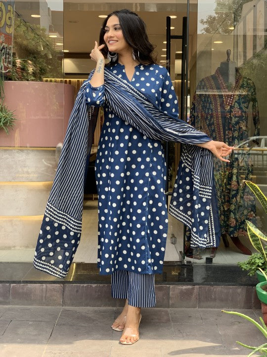 Jyoti Fashion Women's Blue Rayon Slub Printed Designer Kurta Set with Dupatta - Distacart