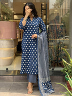 Jyoti Fashion Women's Blue Rayon Slub Printed Designer Kurta Set with Dupatta - Distacart