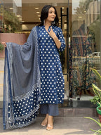 Jyoti Fashion Women's Blue Rayon Slub Printed Designer Kurta Set with Dupatta - Distacart