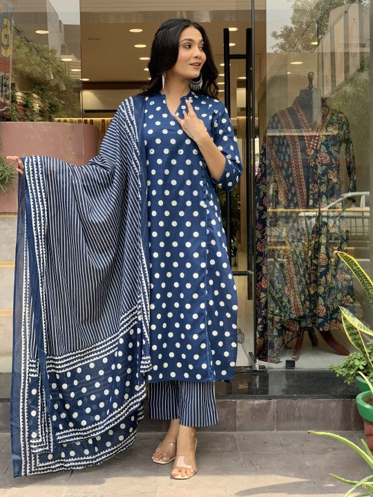 Jyoti Fashion Women's Blue Rayon Slub Printed Designer Kurta Set with Dupatta - Distacart