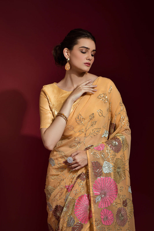 Jyoti Fashion Women's Chiku Sequence Embroidery Georgette Saree with Blouse - Distacart