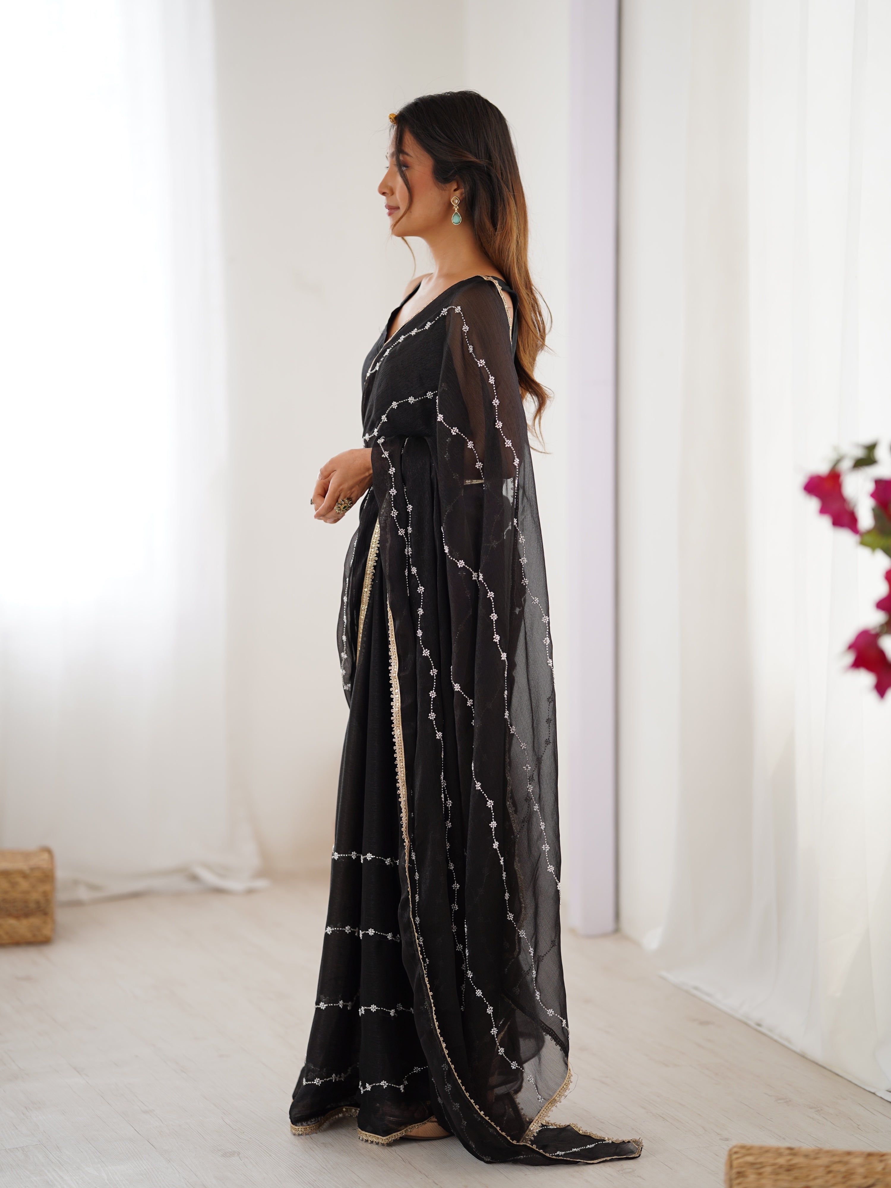 Jyoti Fashion Women's Black Soft Sitara Embroidered Designer Saree with Blouse - Distacart