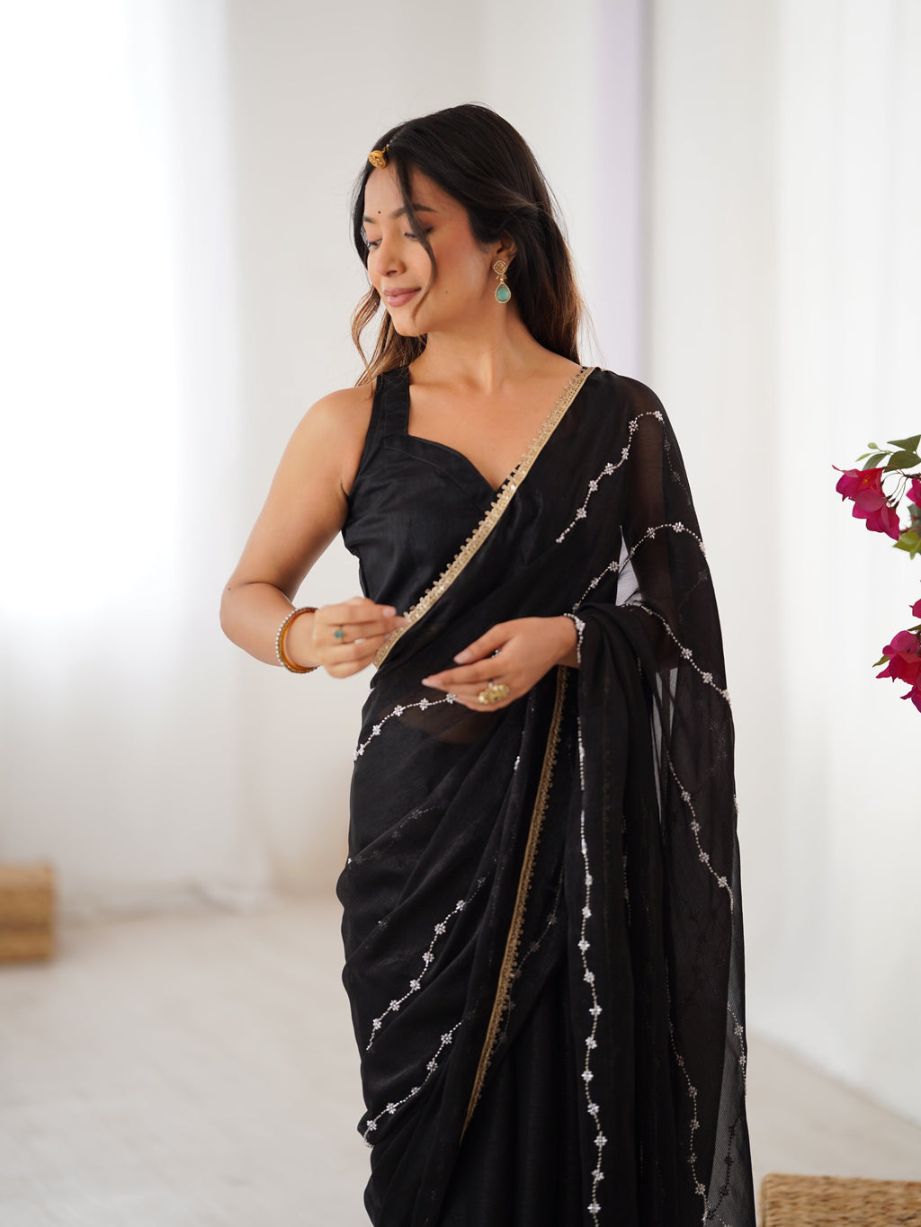 Jyoti Fashion Women's Black Soft Sitara Embroidered Designer Saree with Blouse - Distacart