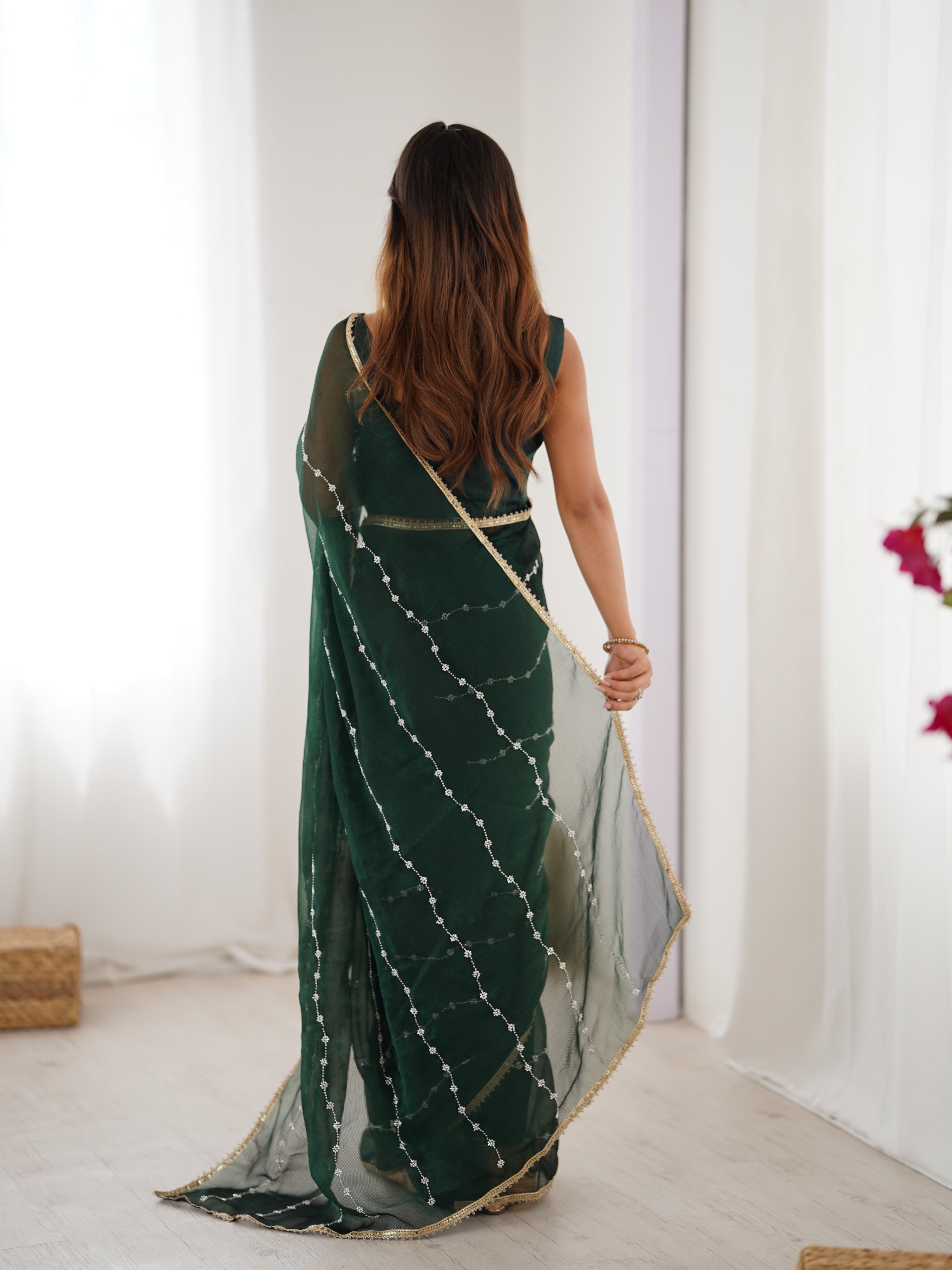 Jyoti Fashion Women's Bottle Green Soft Sitara Embroidered Designer Saree with Blouse - Distacart