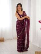 Jyoti Fashion Women's Wine Soft Sitara Embroidered Designer Saree with Blouse - Distacart