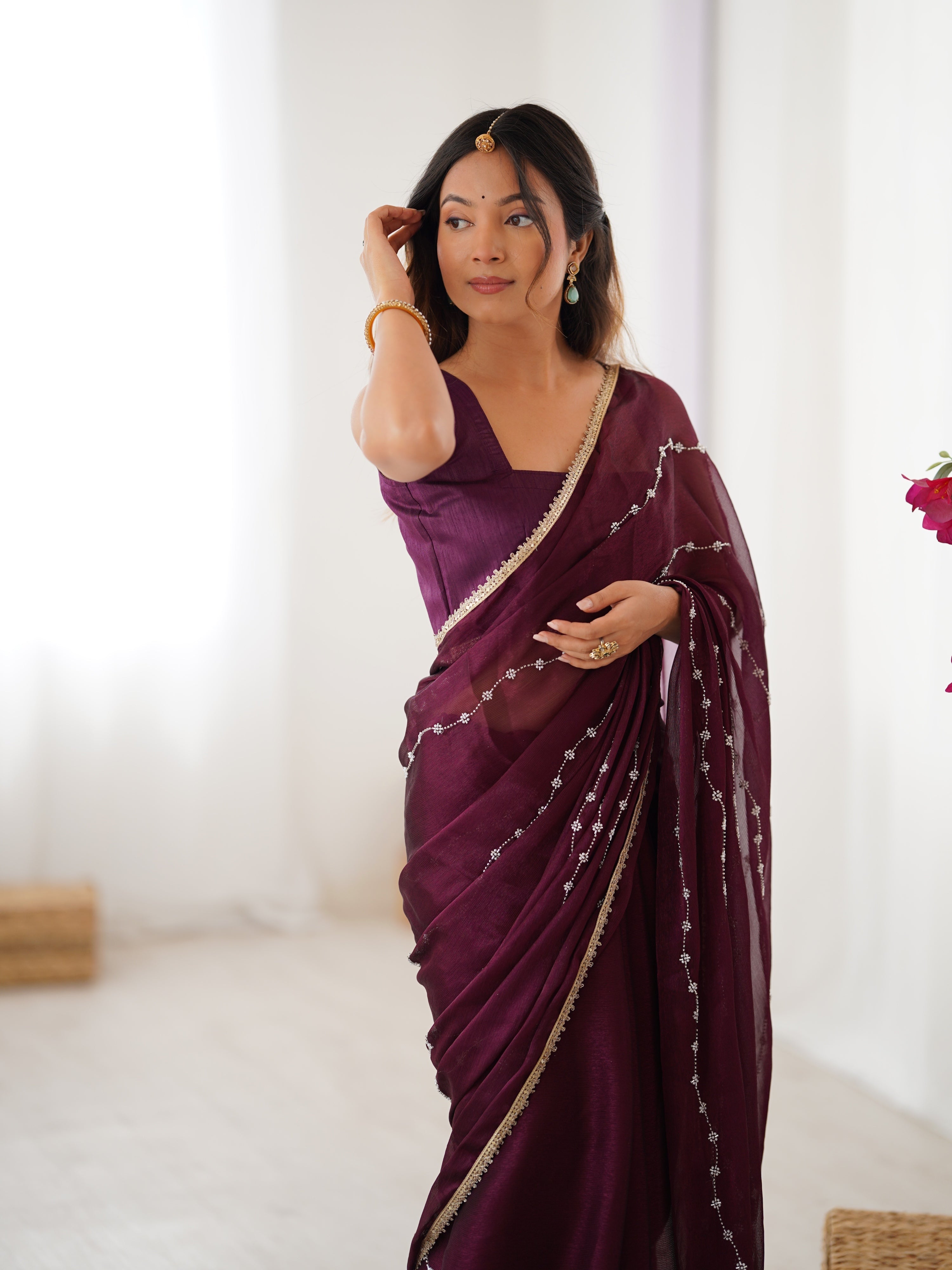 Jyoti Fashion Women's Wine Soft Sitara Embroidered Designer Saree with Blouse - Distacart