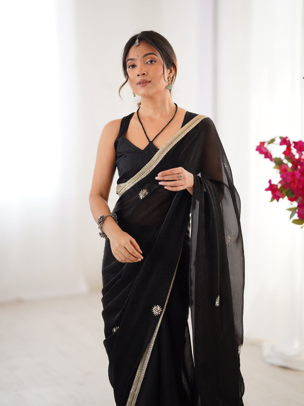 Jyoti Fashion Women's Black Fandy Silk Embroidered Designer Saree with Blouse - Distacart
