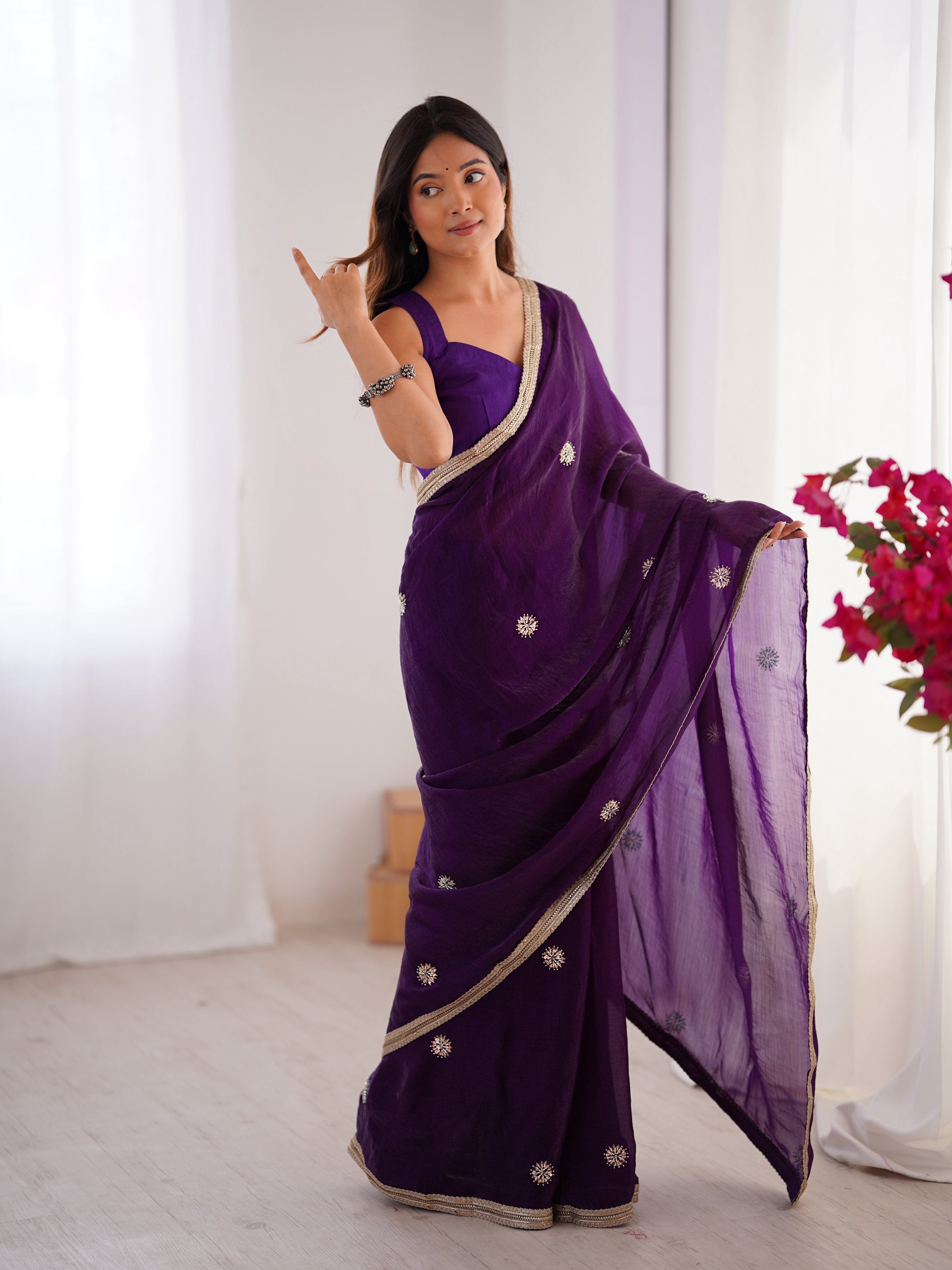 Jyoti Fashion Women's Purple Fandy Silk Embroidered Designer Saree with Blouse - Distacart