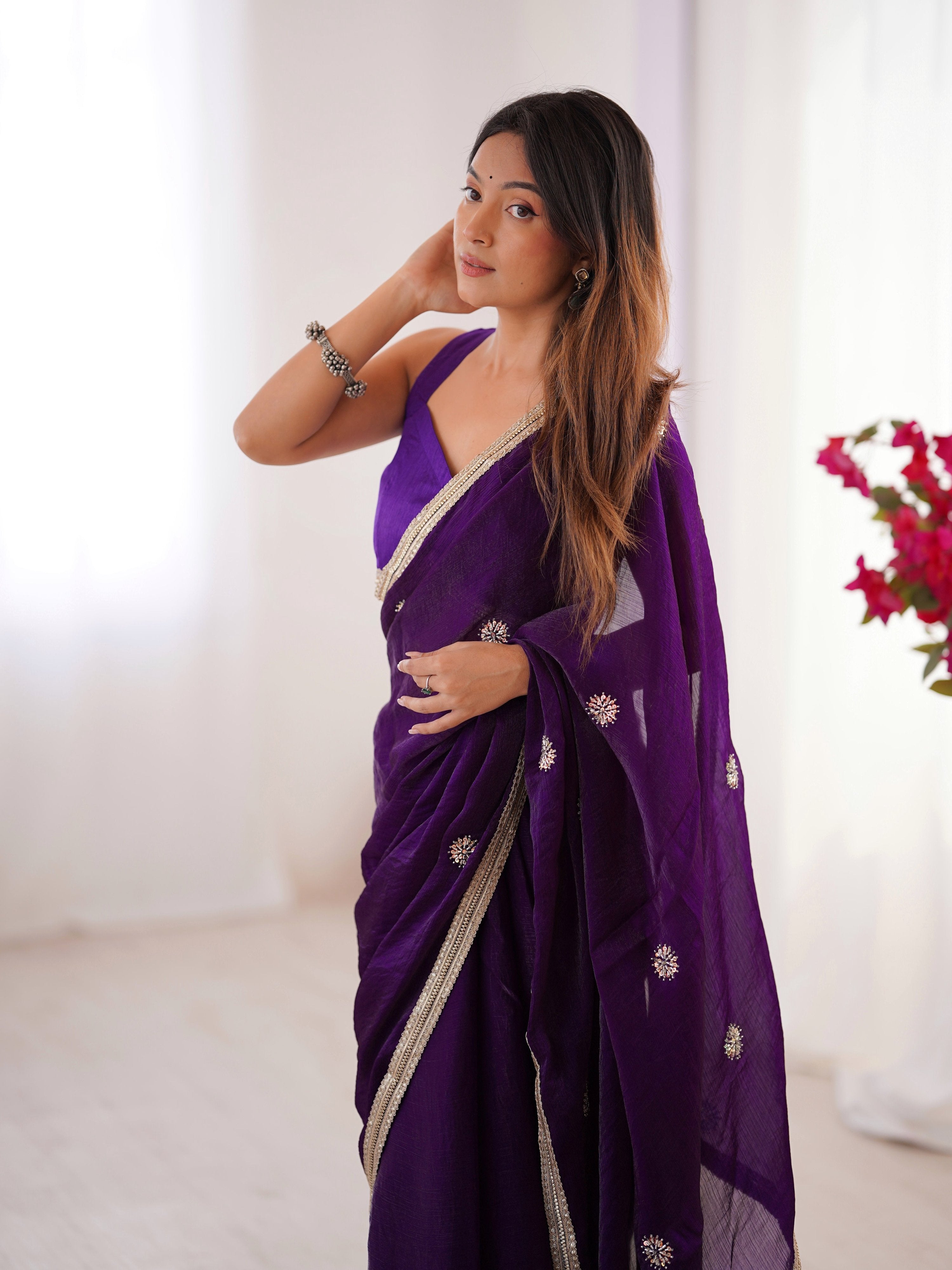 Jyoti Fashion Women's Purple Fandy Silk Embroidered Designer Saree with Blouse - Distacart