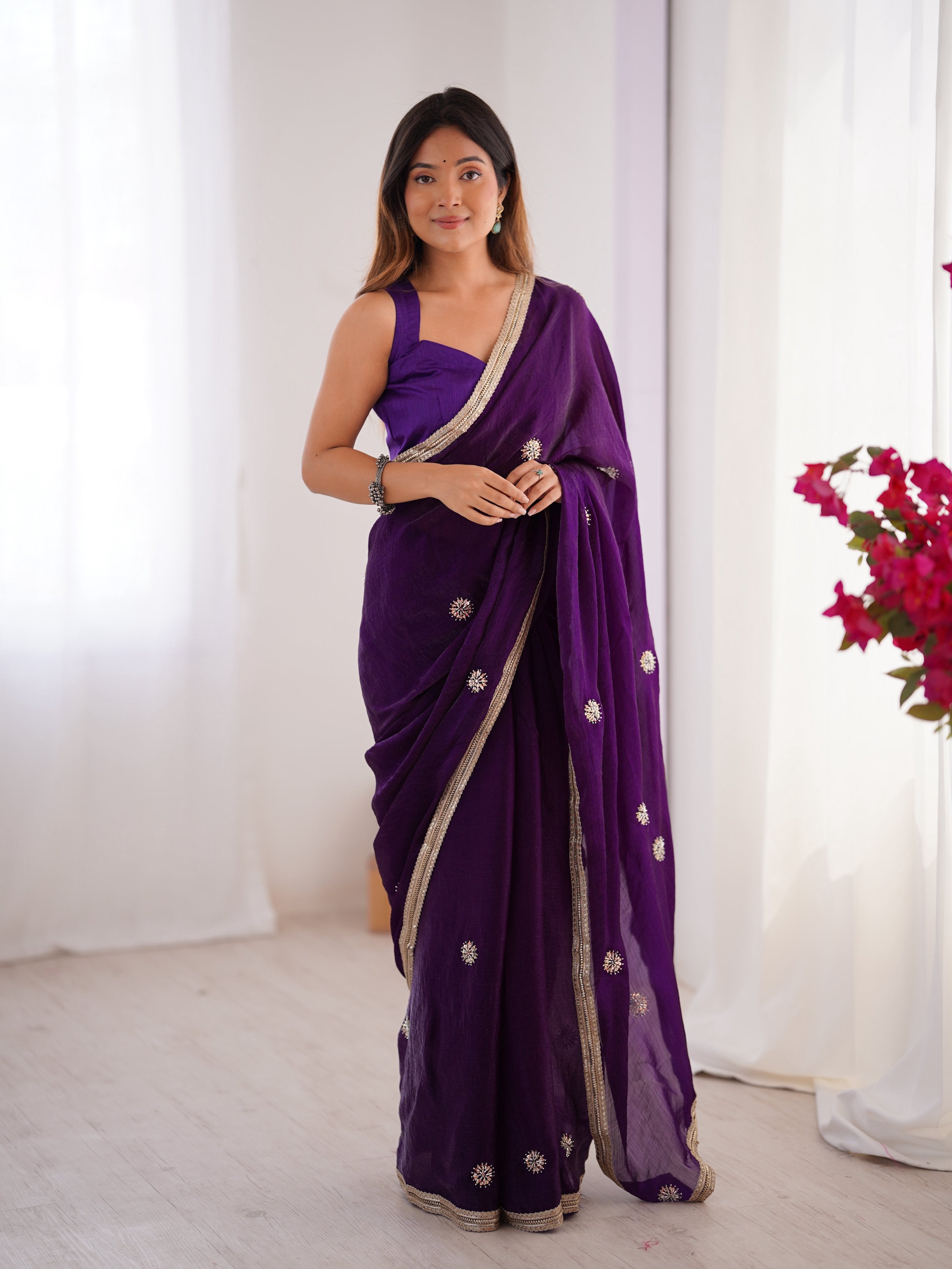 Jyoti Fashion Women's Purple Fandy Silk Embroidered Designer Saree with Blouse - Distacart