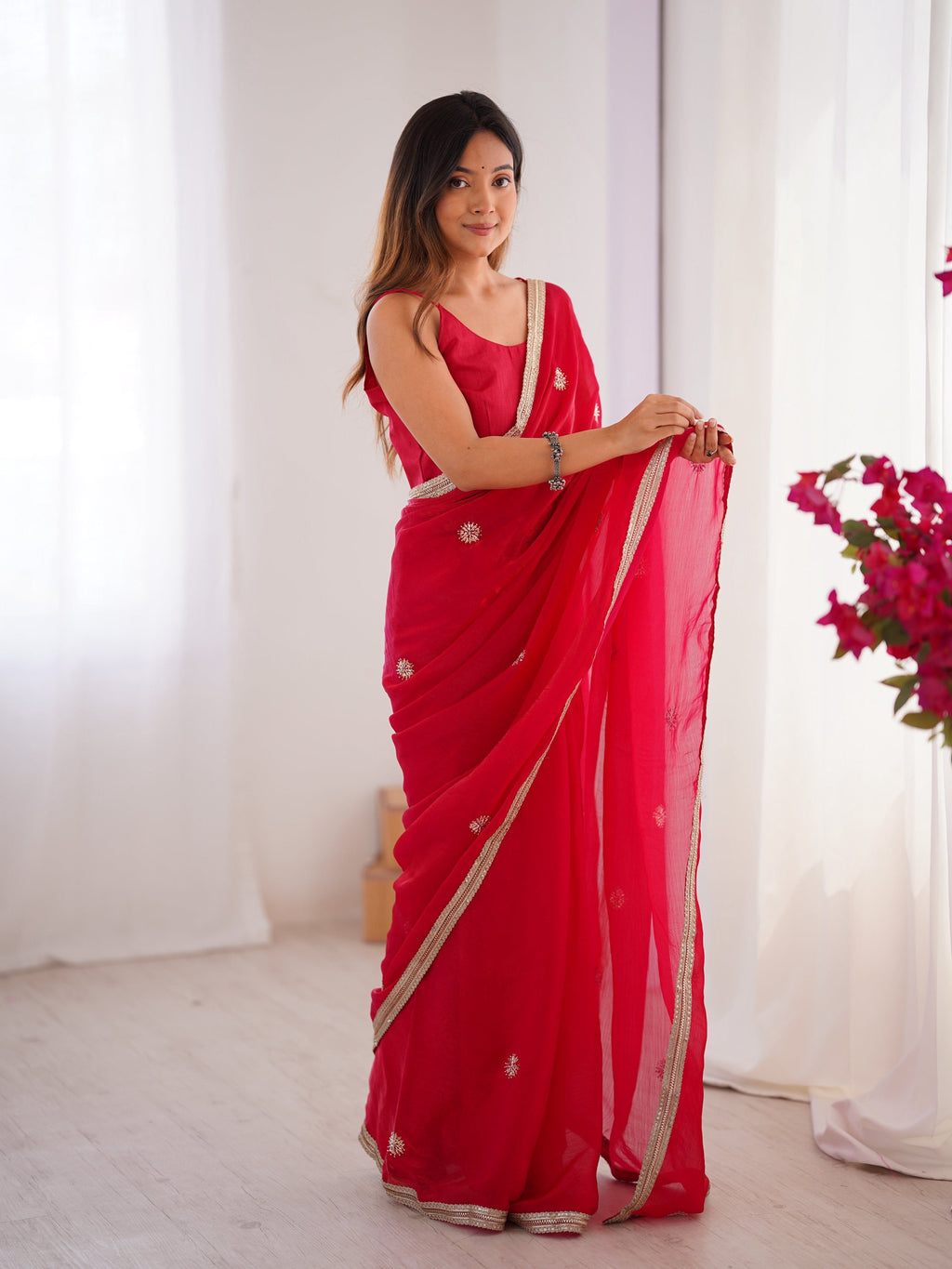 Jyoti Fashion Women's Pink Fandy Silk Embroidered Designer Saree with Blouse - Distacart
