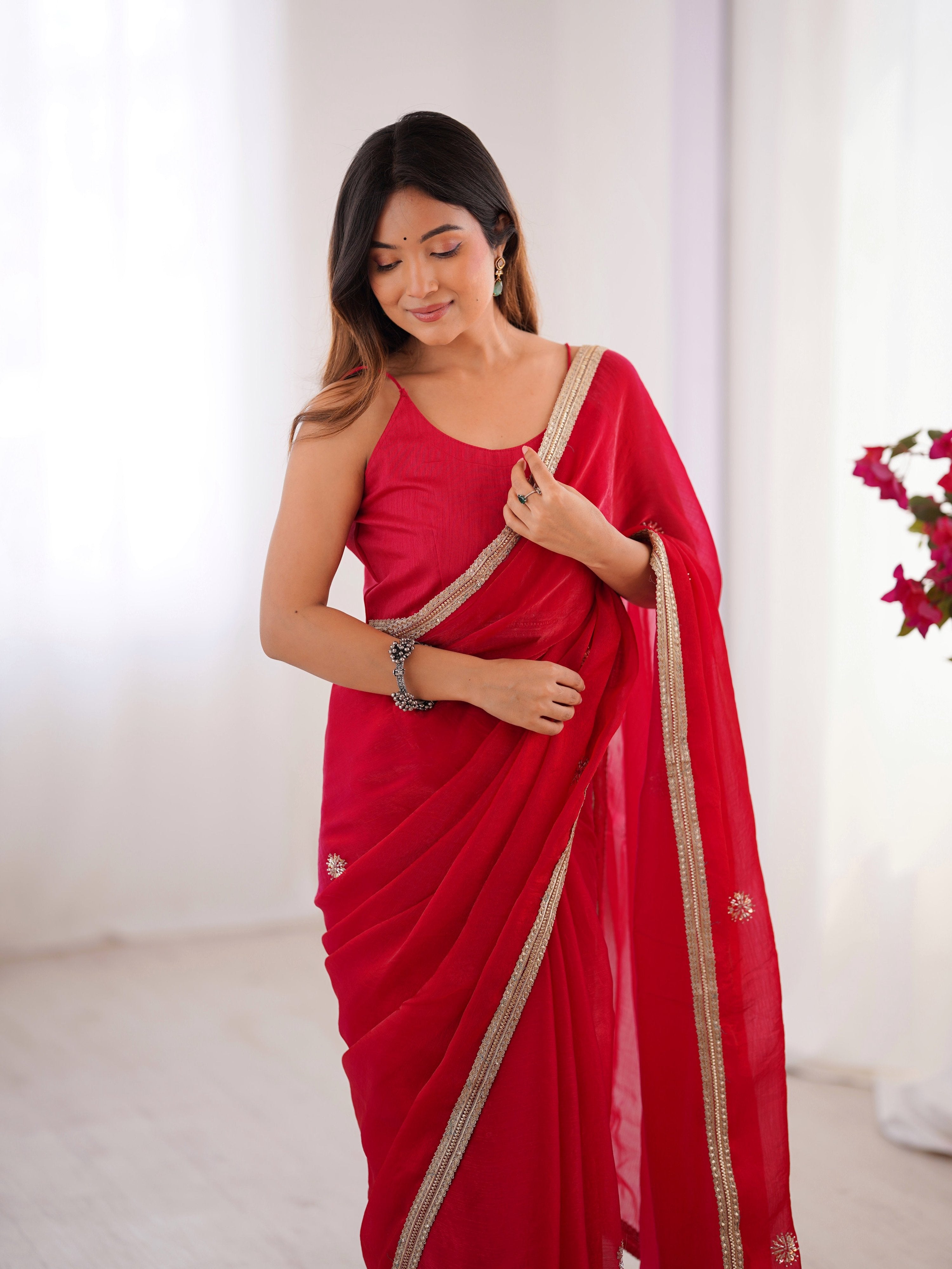 Jyoti Fashion Women's Pink Fandy Silk Embroidered Designer Saree with Blouse - Distacart