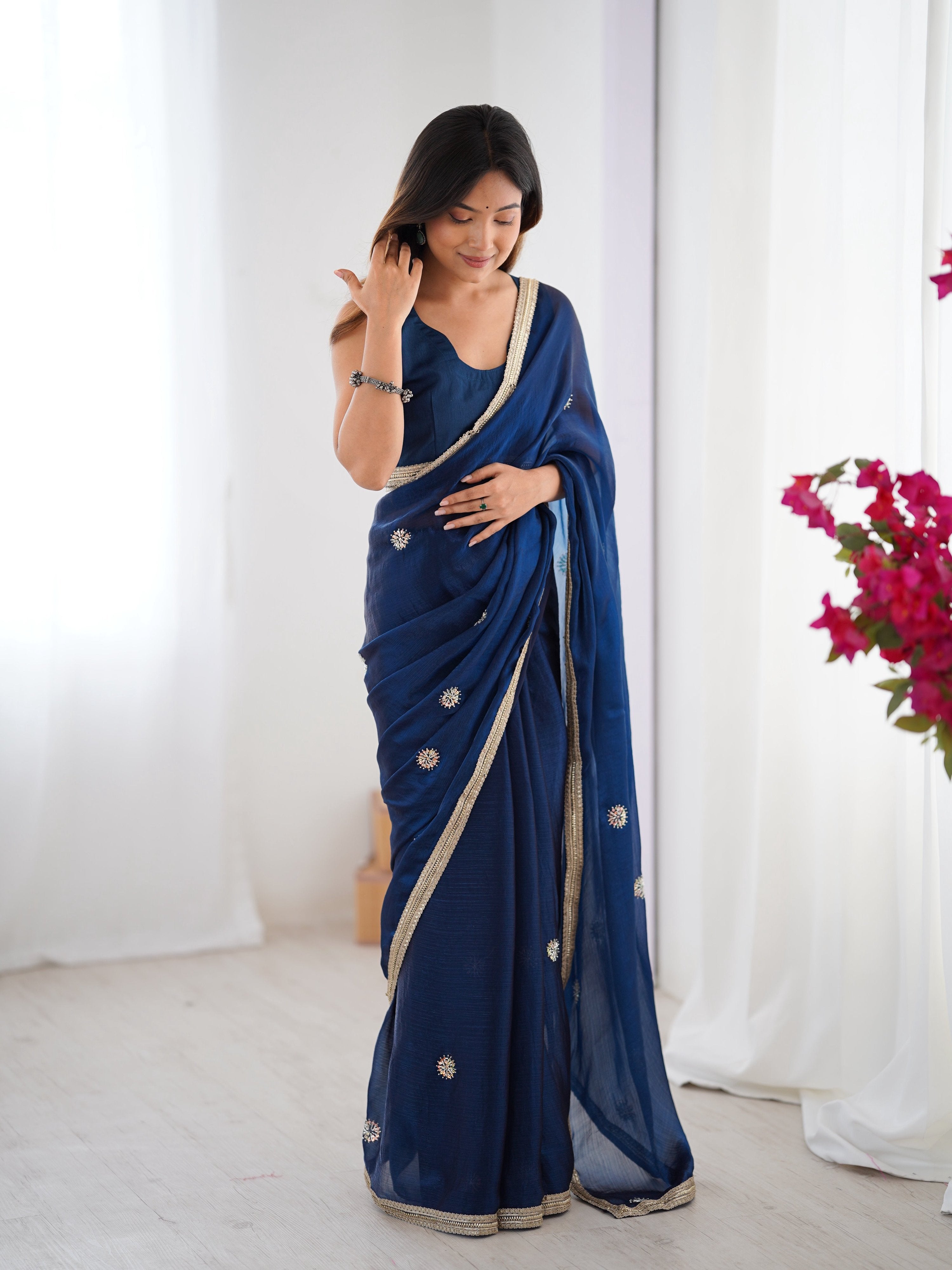 Jyoti Fashion Women's Teal Fandy Silk Embroidered Designer Saree with Blouse - Distacart
