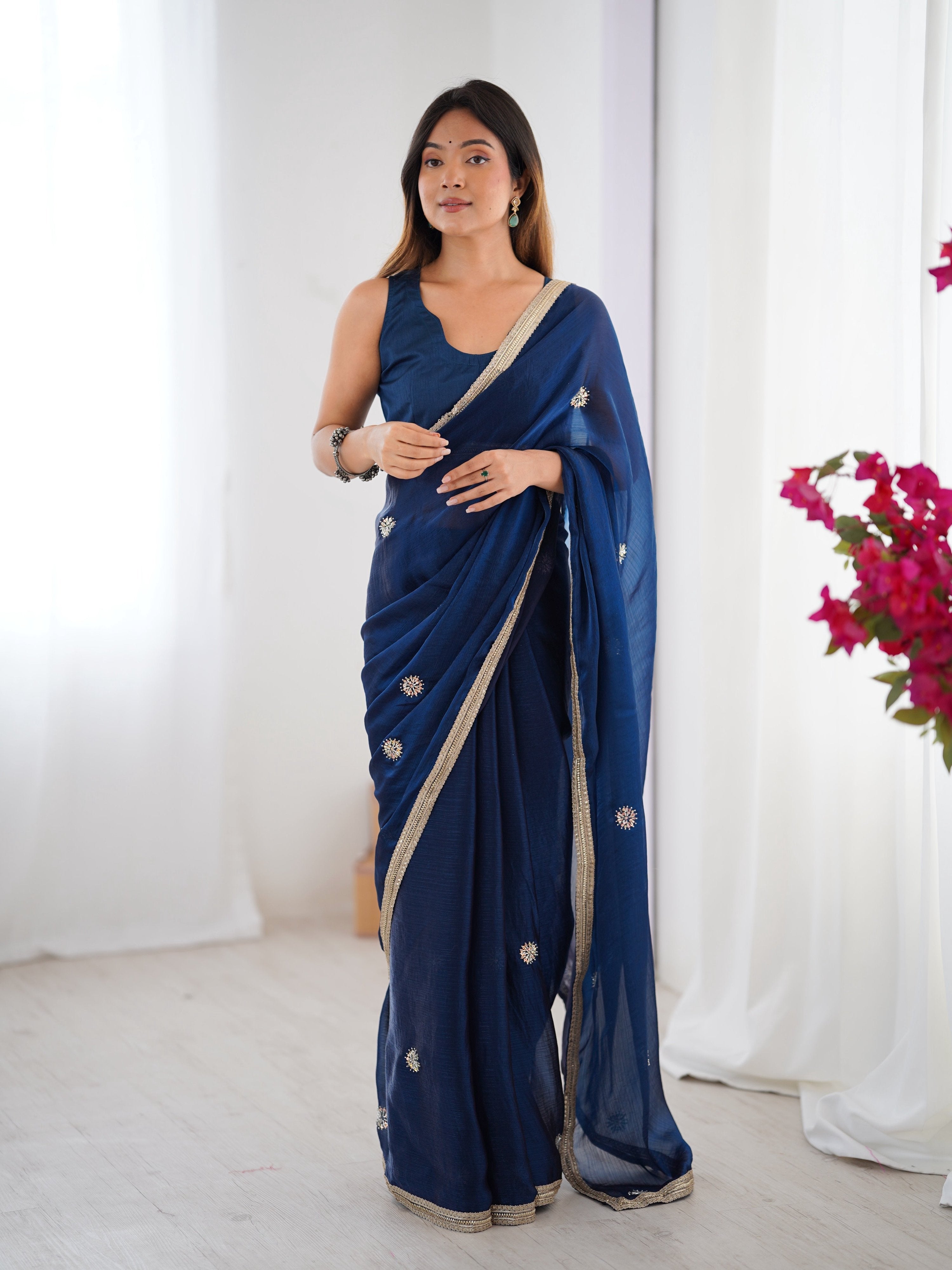 Jyoti Fashion Women's Teal Fandy Silk Embroidered Designer Saree with Blouse - Distacart