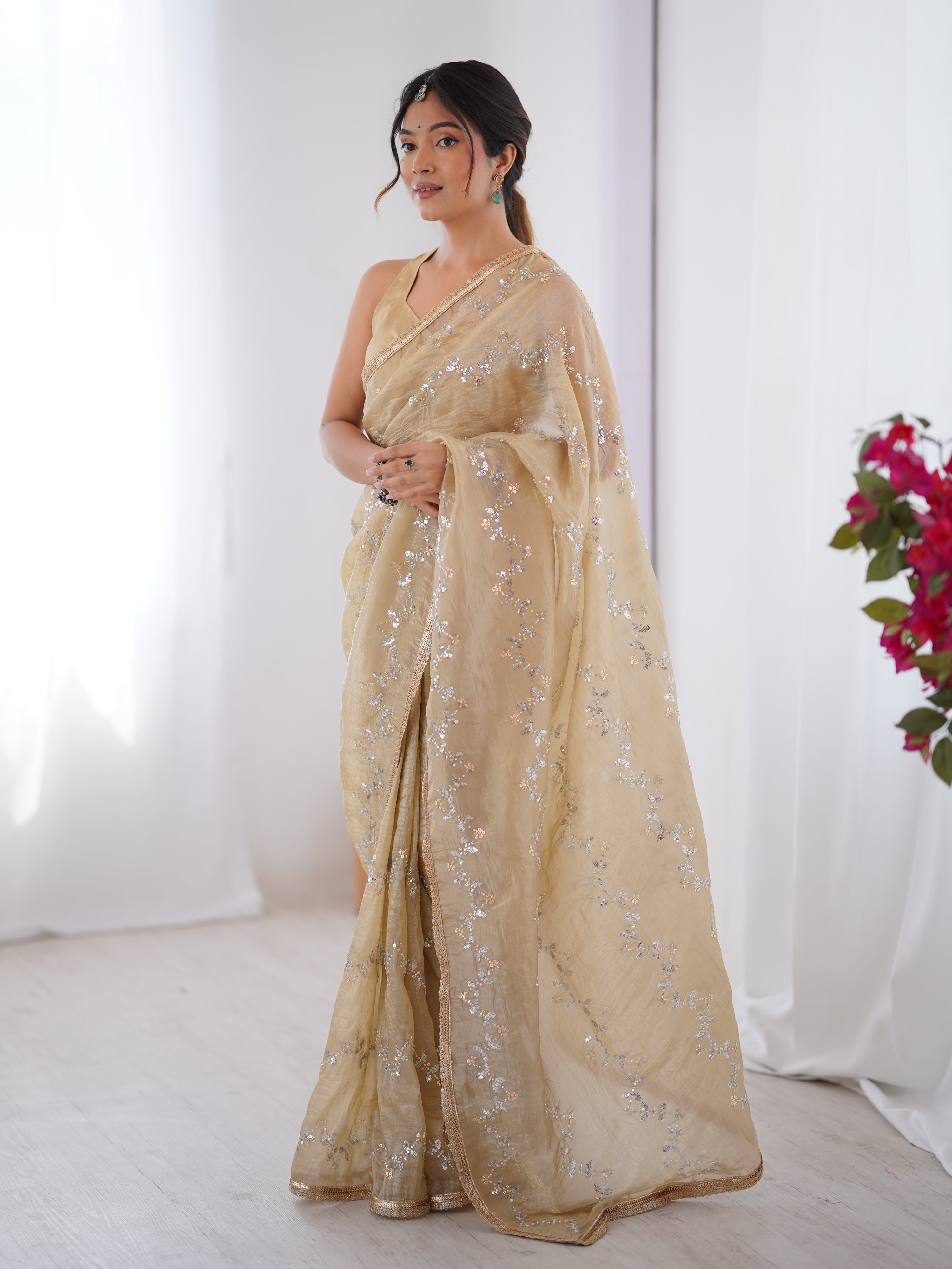 Jyoti Fashion Women's Beige Soft Gold Crush Embroidered Designer Saree with Blouse - Distacart