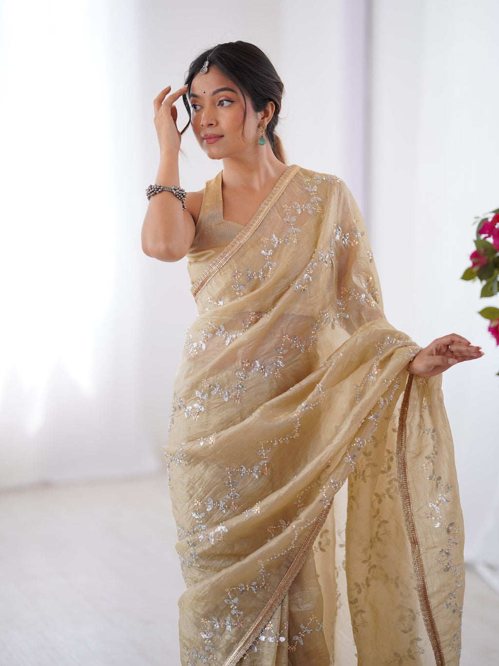 Jyoti Fashion Women's Beige Soft Gold Crush Embroidered Designer Saree with Blouse - Distacart