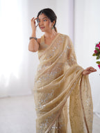 Jyoti Fashion Women's Beige Soft Gold Crush Embroidered Designer Saree with Blouse - Distacart