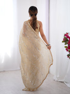 Jyoti Fashion Women's Beige Soft Gold Crush Embroidered Designer Saree with Blouse - Distacart