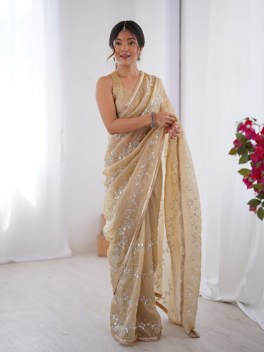 Jyoti Fashion Women's Beige Soft Gold Crush Embroidered Designer Saree with Blouse - Distacart