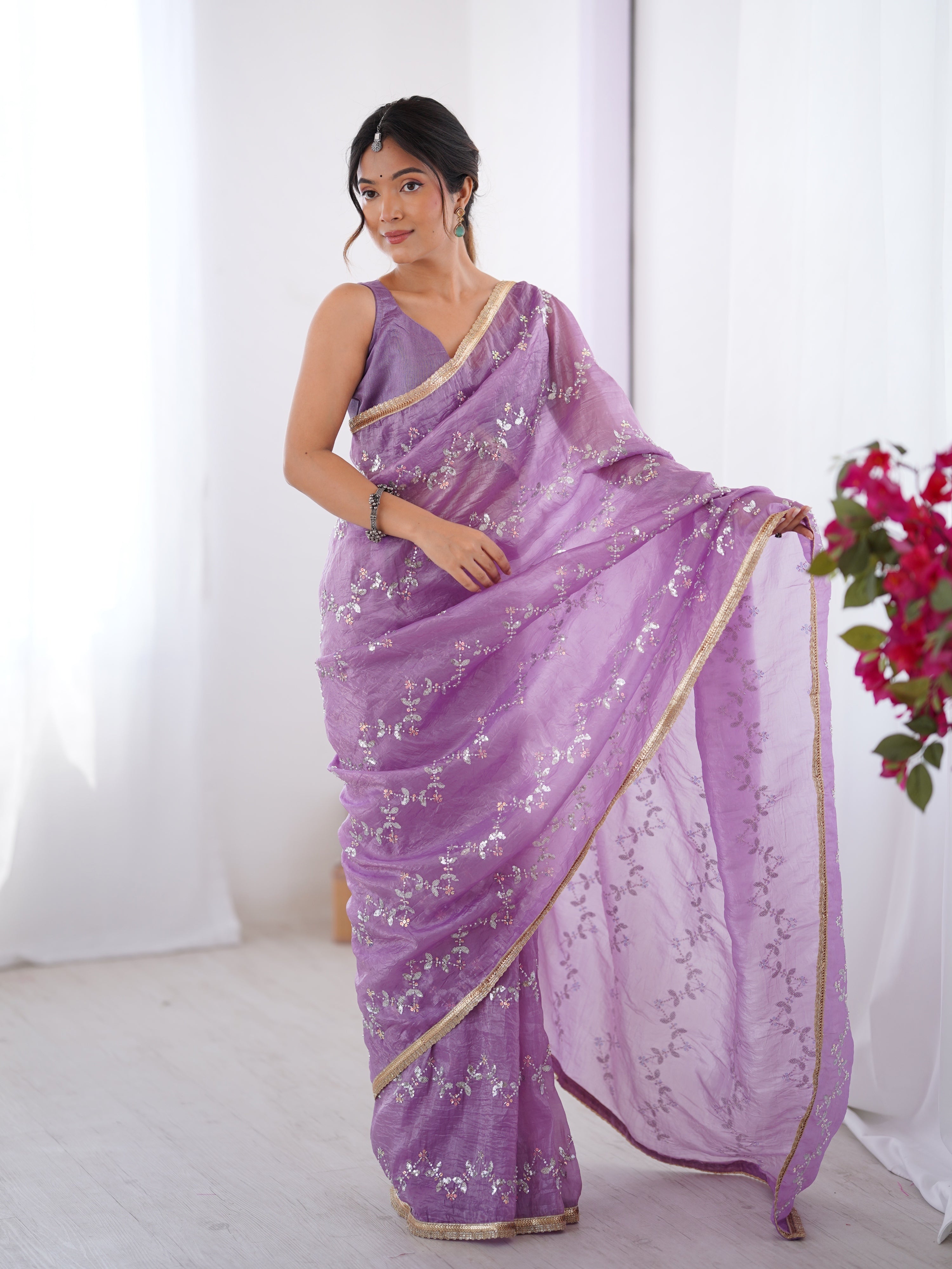 Jyoti Fashion Women's Purple Soft Gold Crush Embroidered Designer Saree with Blouse - Distacart