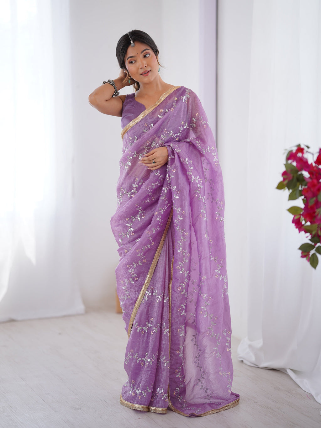 Jyoti Fashion Women's Purple Soft Gold Crush Embroidered Designer Saree with Blouse - Distacart