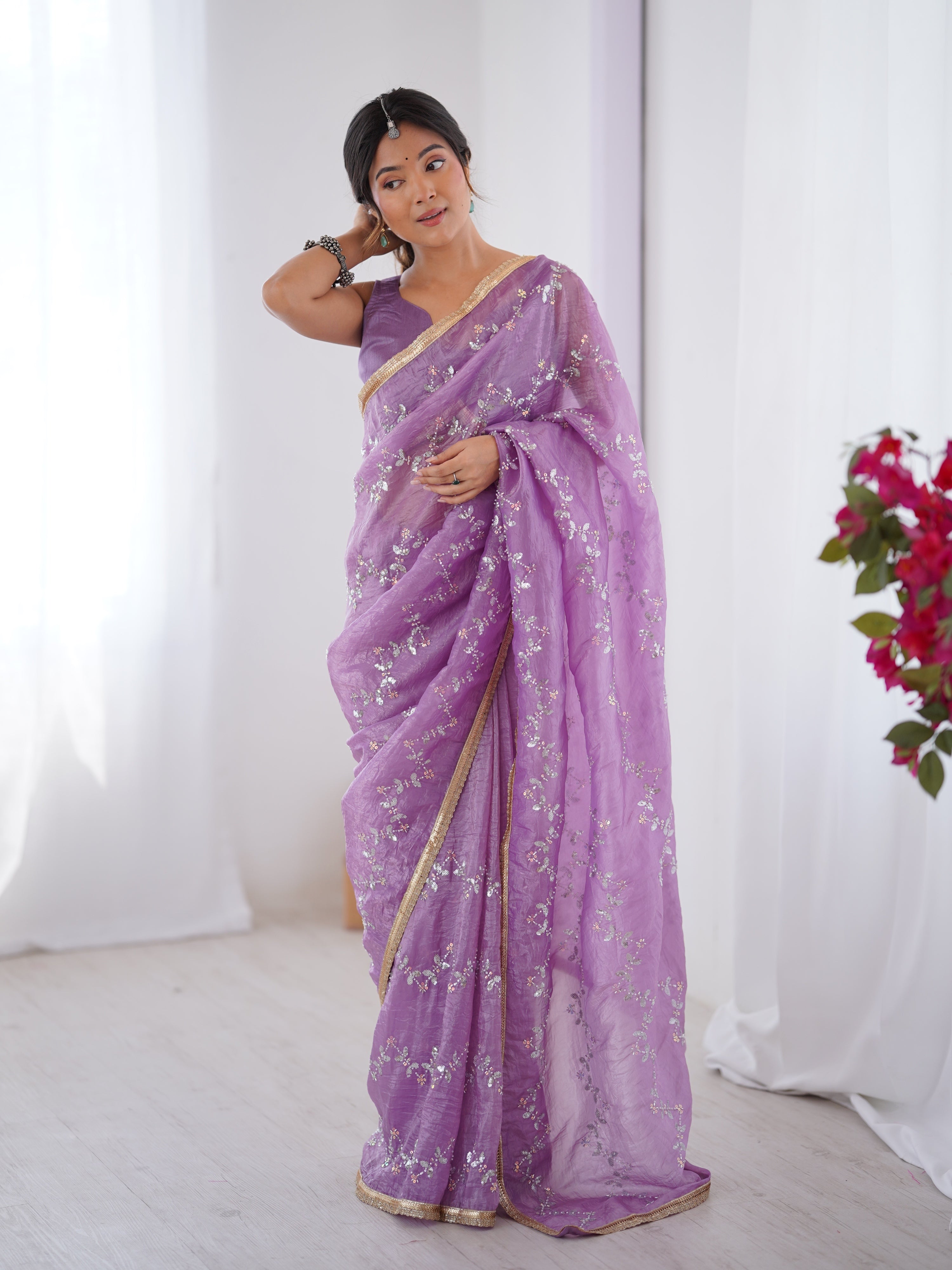 Jyoti Fashion Women's Purple Soft Gold Crush Embroidered Designer Saree with Blouse - Distacart