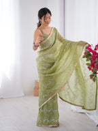 Jyoti Fashion Women's Sea Green Soft Gold Crush Embroidered Designer Saree with Blouse - Distacart