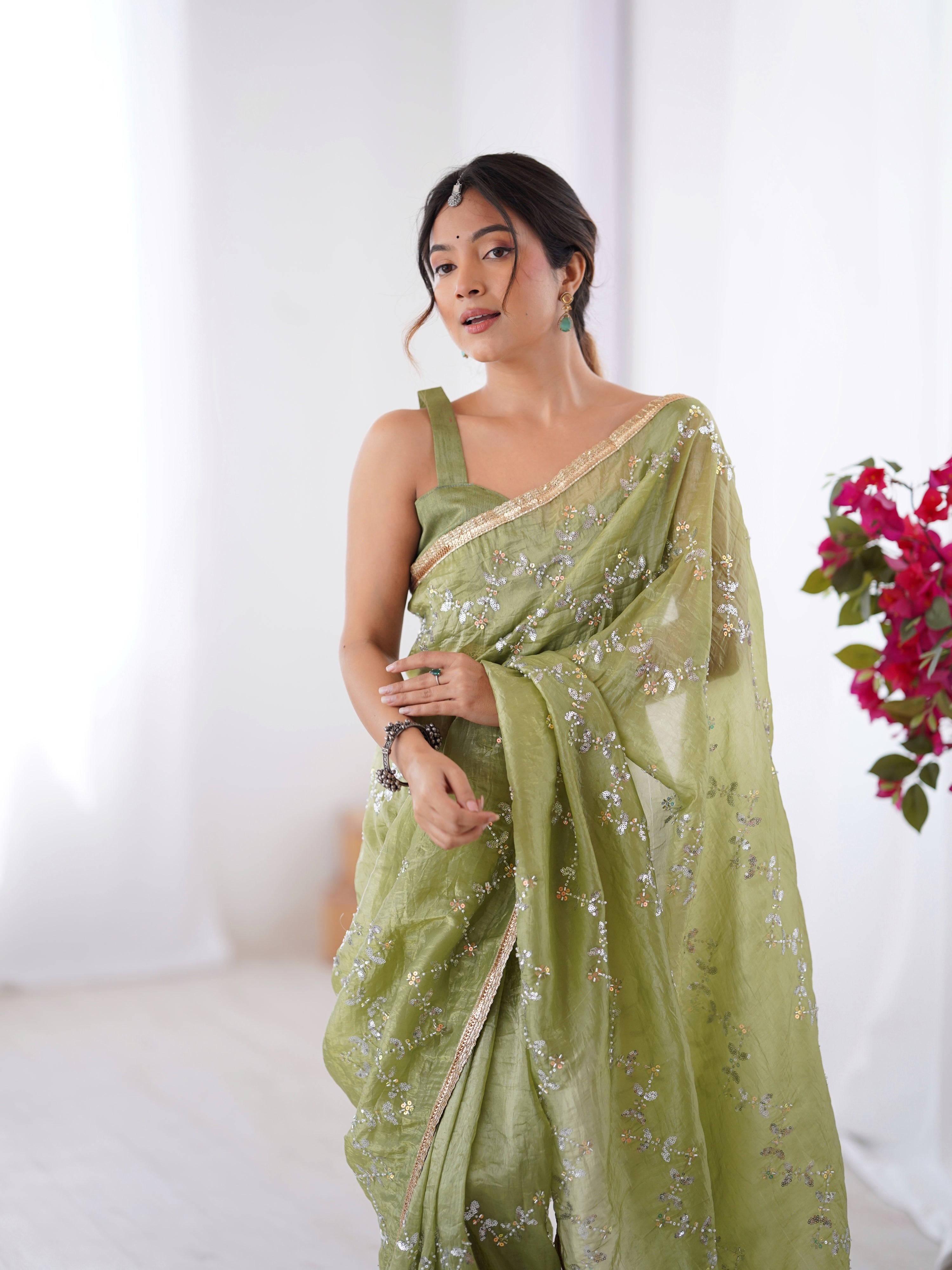Jyoti Fashion Women's Sea Green Soft Gold Crush Embroidered Designer Saree with Blouse - Distacart