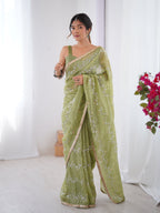 Jyoti Fashion Women's Sea Green Soft Gold Crush Embroidered Designer Saree with Blouse - Distacart