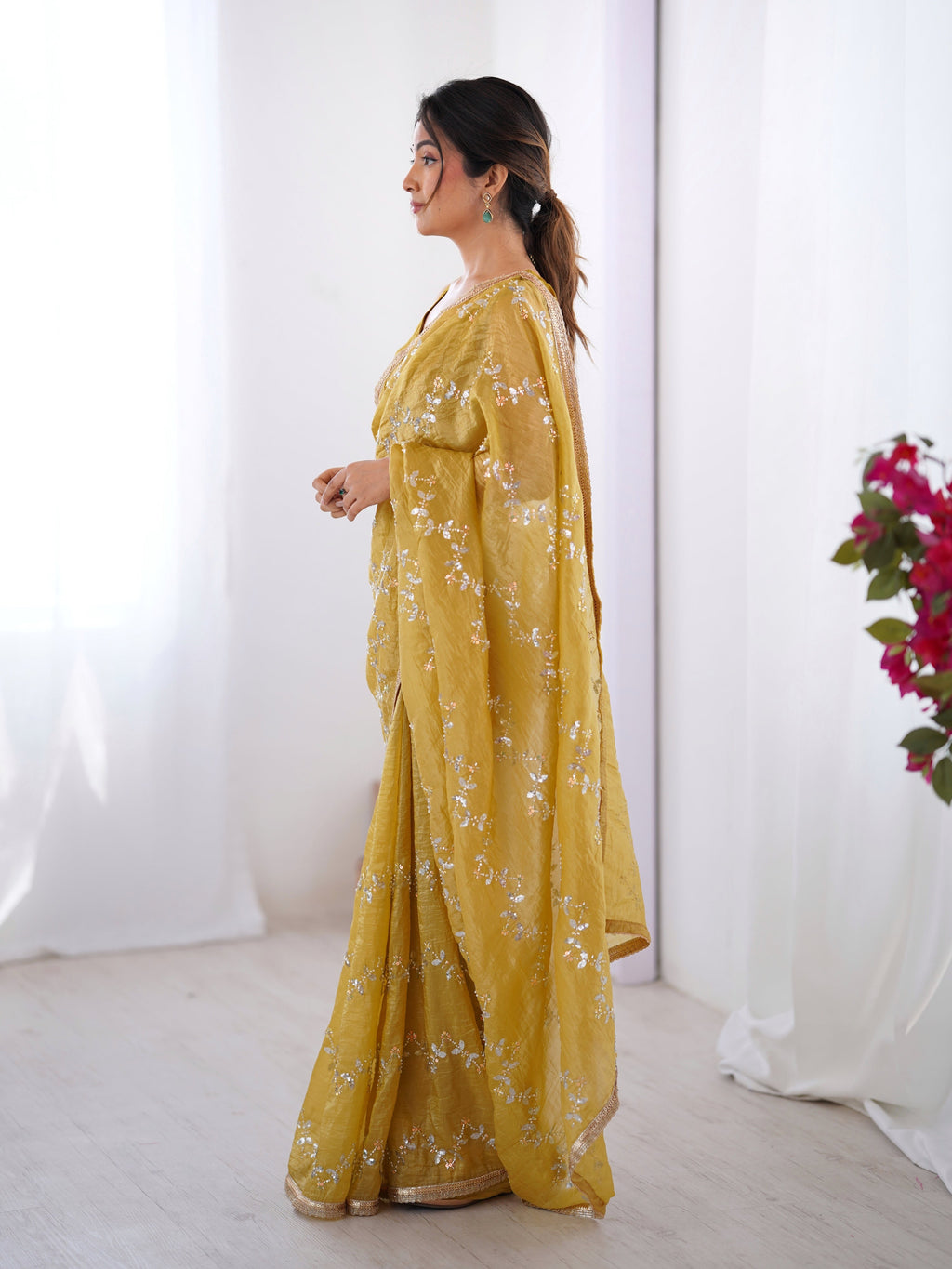 Jyoti Fashion Women's Mustard Soft Gold Crush Embroidered Designer Saree with Blouse - Distacart
