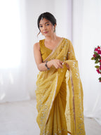 Jyoti Fashion Women's Mustard Soft Gold Crush Embroidered Designer Saree with Blouse - Distacart