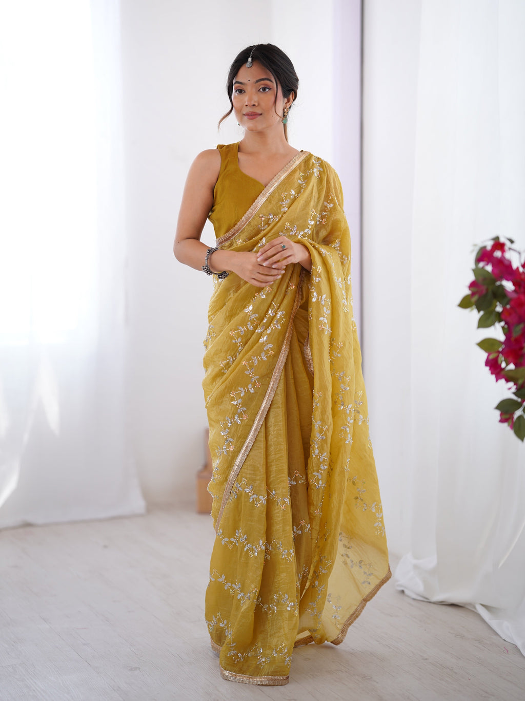 Jyoti Fashion Women's Mustard Soft Gold Crush Embroidered Designer Saree with Blouse - Distacart