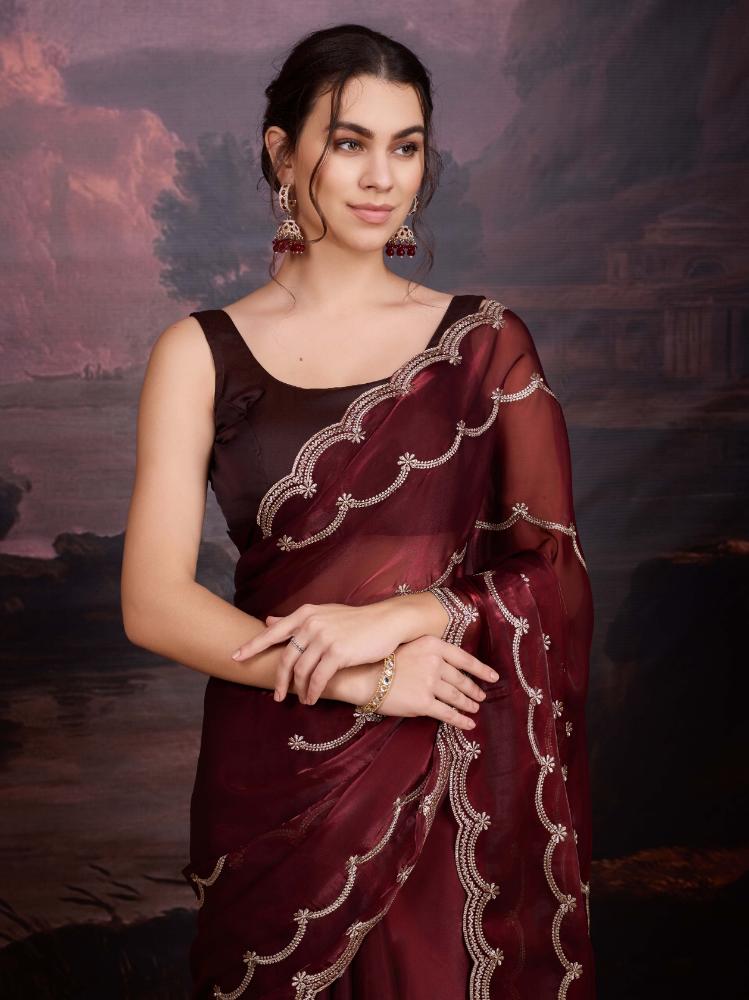Jyoti Fashion Women's Brown Jimmy Choo Embroidered Designer Saree with Blouse - Distacart