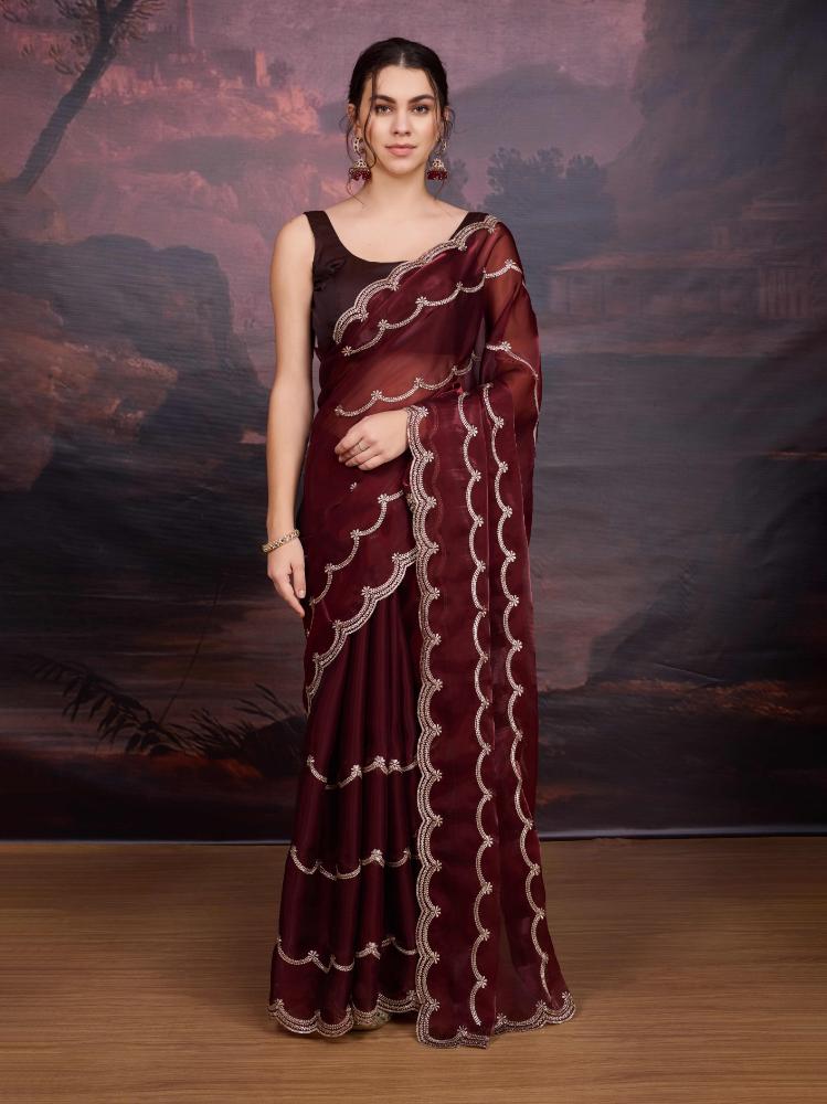 Jyoti Fashion Women's Brown Jimmy Choo Embroidered Designer Saree with Blouse - Distacart