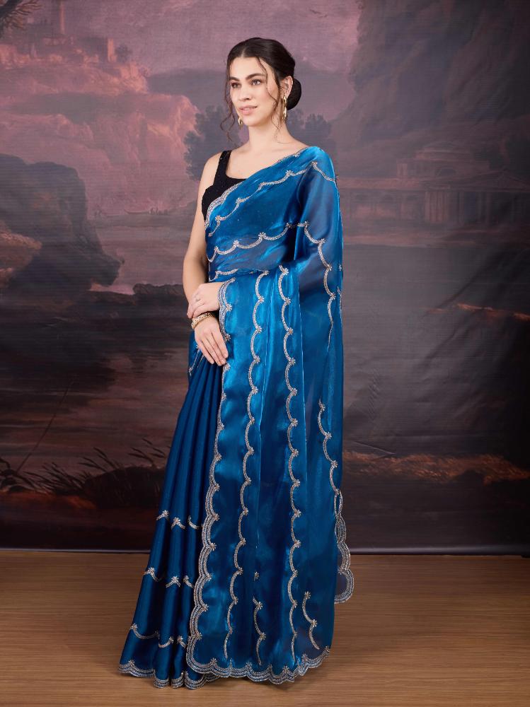 Jyoti Fashion Women's Blue Jimmy Choo Embroidered Designer Saree with Blouse - Distacart