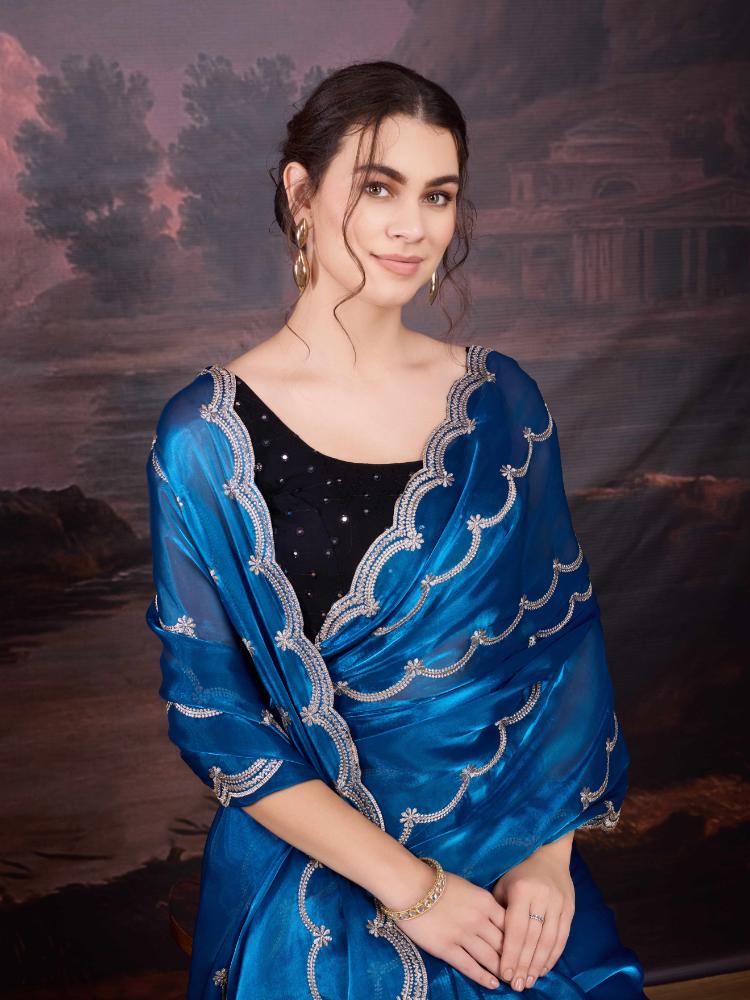 Jyoti Fashion Women's Blue Jimmy Choo Embroidered Designer Saree with Blouse - Distacart