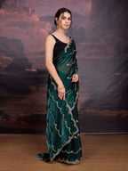 Jyoti Fashion Women's Bottle Green Jimmy Choo Embroidered Designer Saree with Blouse - Distacart