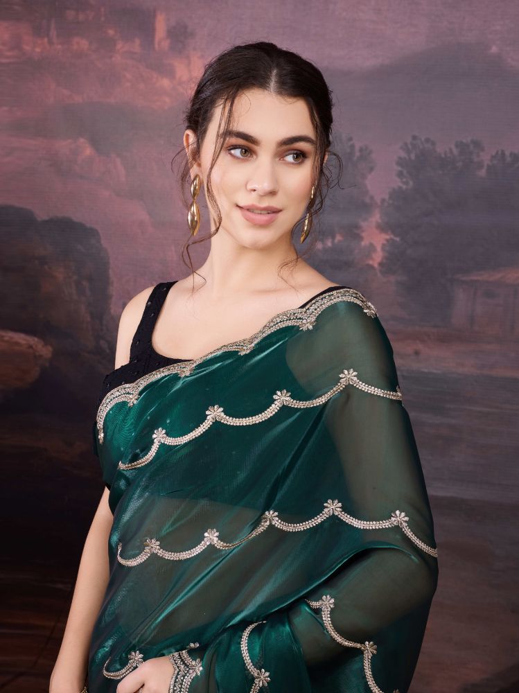 Jyoti Fashion Women's Bottle Green Jimmy Choo Embroidered Designer Saree with Blouse - Distacart