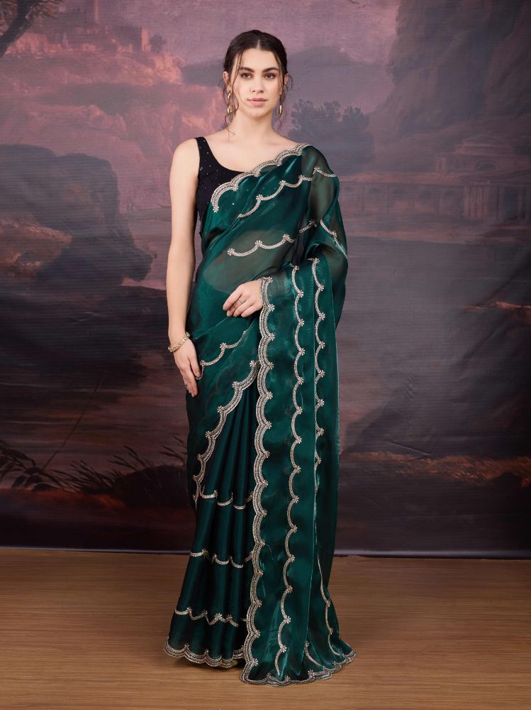 Jyoti Fashion Women's Bottle Green Jimmy Choo Embroidered Designer Saree with Blouse - Distacart