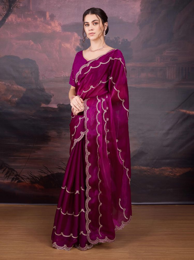 Jyoti Fashion Women's Wine Jimmy Choo Embroidered Designer Saree with Blouse - Distacart